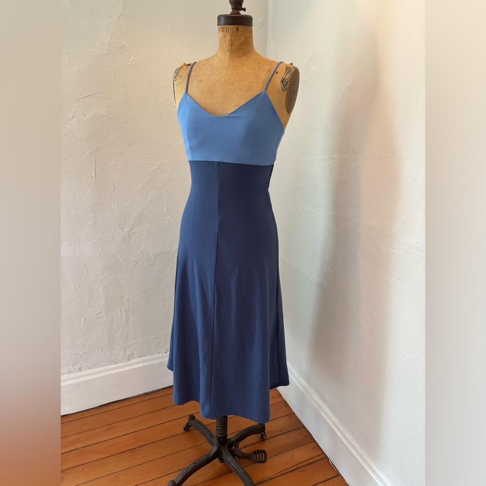 Mona Studio Blue Colorblock Open Back Slip Midi Dress Minimalist